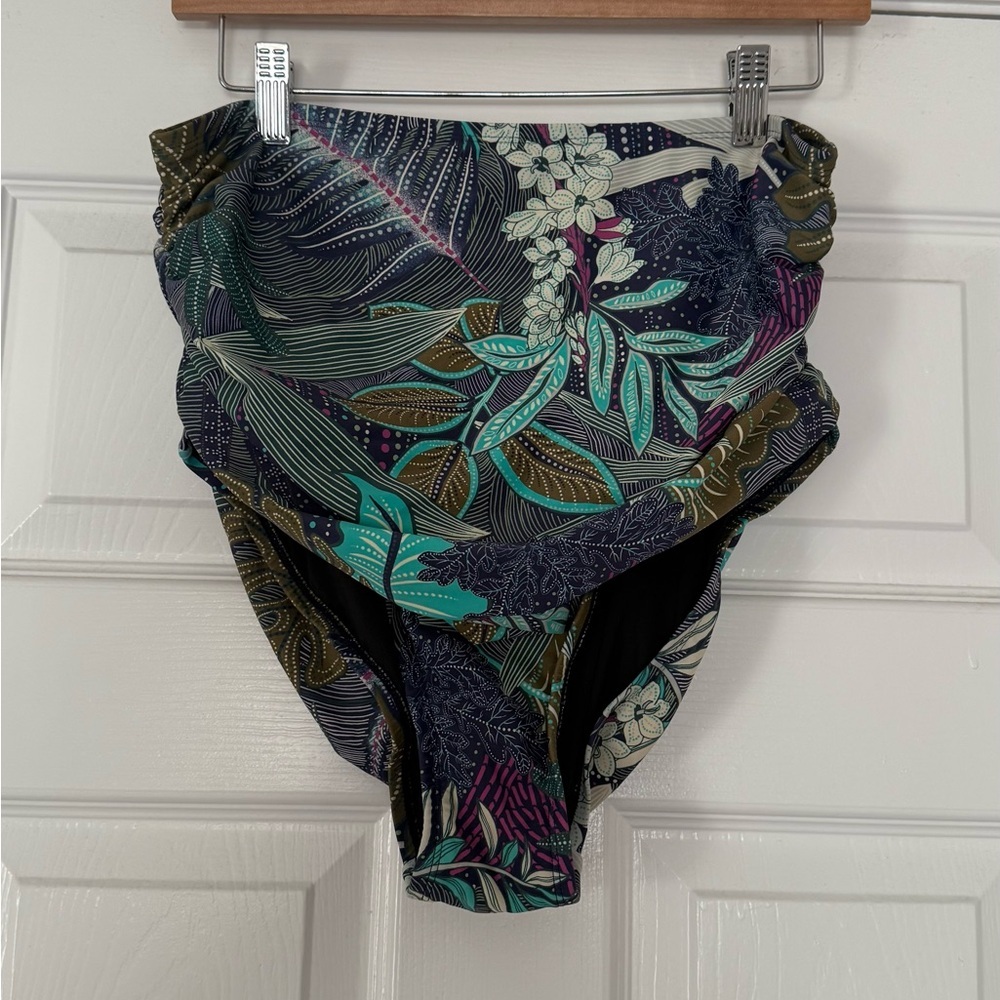 Women's Coastal Blue High-Waisted Multicolor Floral Bikini Bottom 1X